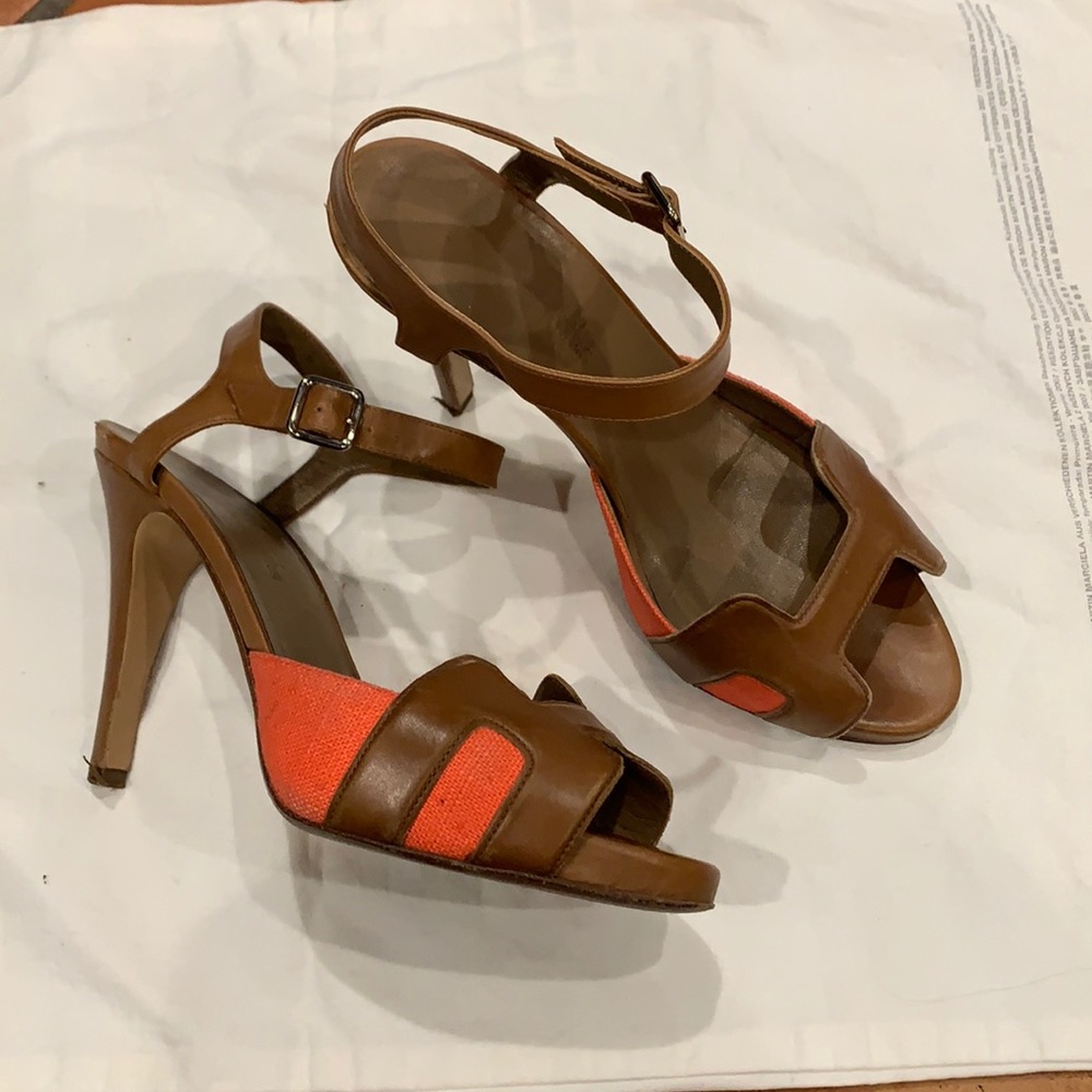 Hermès shoes coral and brown/ caramel leather size 36